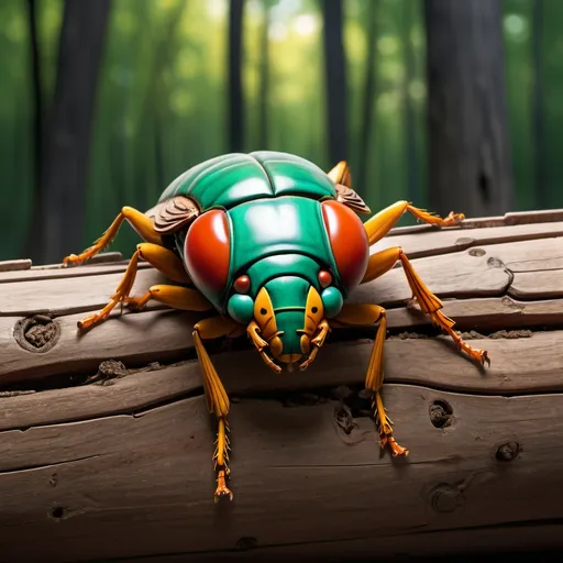 Prompt: Hollowed out scary wooden log with a Cicada type bug inside that is looking out to the colorful world. It is from the bugs perspective 