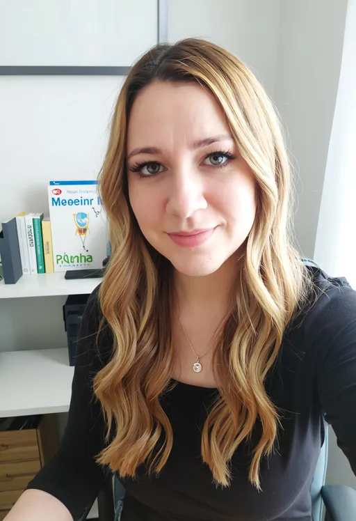 Prompt: Photorealistic portrait of a contemporary romance author named Madison Brooke, late 30s, shoulder length dirty blonde hair, green eyes, soft features, mid size curvy body. She is sitting at a simple desk in a cozy apartment in Atlanta, GA, inviting lighting, everyday woman vibe, friendly and relatable, modern realistic style, high resolution.