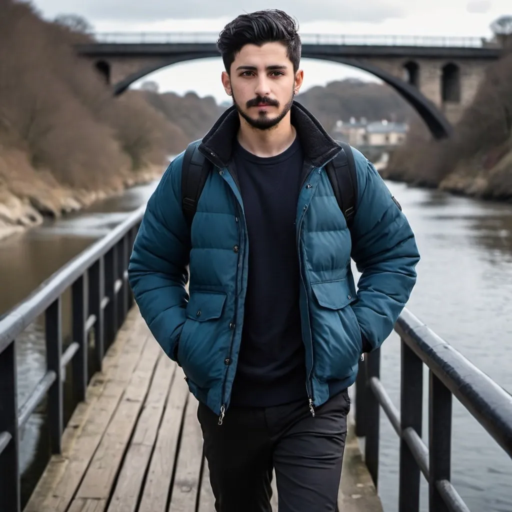 Prompt: imagin 23 year boy is walking through a bridge,background river,background colour  very dark black,hands in his pocket,time 6.30,black short beard,black hair,hair up side style,wered dark blue puffer jacket,corgo pant