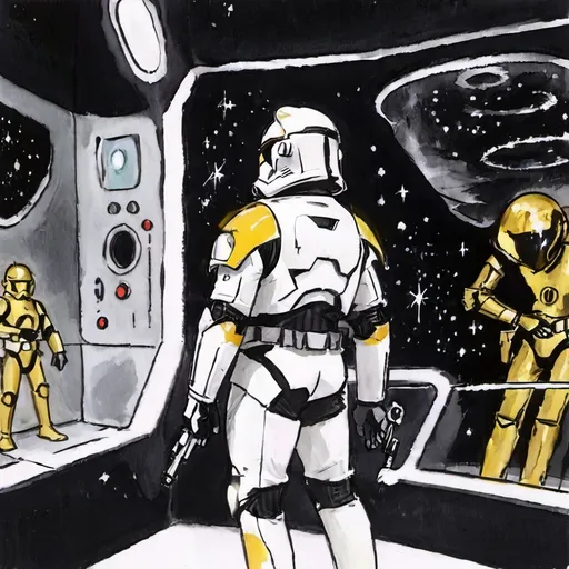 Prompt: Standing in a futuristic, dimly lit environment, a character clad in a sleek white and black space suit prepares for action, highlighting a striking yellow accent on the helmet. The character holds a weapon, possibly a blaster, pointed downwards as they gaze towards a vast expanse of stars through a large window, emphasizing an interstellar setting. The open space with stark, smooth lines draws the eye toward the backdrop of distant galaxies, creating a sense of depth and adventure. Bright overhead lights enhance the scene, while user interface elements float in the corner, filled with anticipation and potential narratives yet to unfold. The blend of sleek design and cosmic allure encapsulates a thrilling sci-fi atmosphere. Star wars clone facing their back to the camera 
