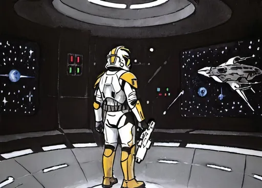 Prompt: Standing in a futuristic, dimly lit environment, a character clad in a sleek white and black space suit prepares for action, highlighting a striking yellow accent on the helmet. The character holds a weapon, possibly a blaster, pointed downwards as they gaze towards a vast expanse of stars through a large window, emphasizing an interstellar setting. The open space with stark, smooth lines draws the eye toward the backdrop of distant galaxies, creating a sense of depth and adventure. Bright overhead lights enhance the scene, while user interface elements float in the corner, filled with anticipation and potential narratives yet to unfold. The blend of sleek design and cosmic allure encapsulates a thrilling sci-fi atmosphere. Star wars clone facing their back to the camera 
