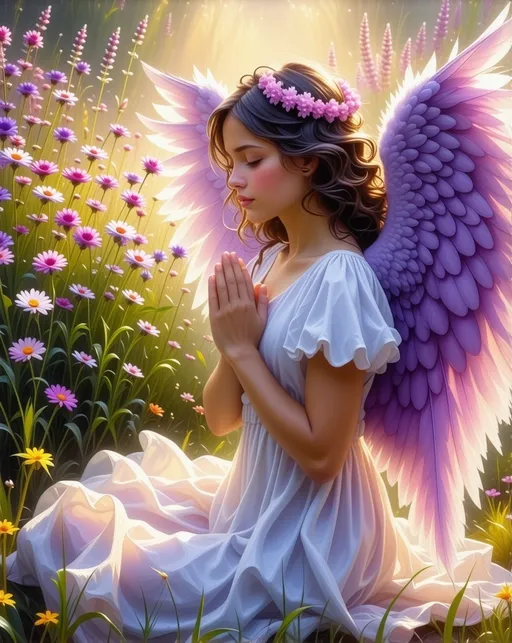 Prompt: A painting of a vibrant angel with heart-shaped lavender feather wings, gracefully praying amidst a kaleidoscope of tall and colorful flowers that surround her, ethereal glow surrounding her, serene and uplifting ambiance, softly illuminated by a warm, golden sunlight, lush green grass swaying gently in the breeze, ultra-detailed, high definition, dreamy and enchanting atmosphere.