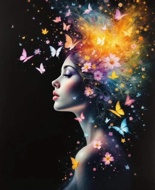 Prompt: A mesmerizing charcoal drawing profile of a woman emerges against a dramatic backdrop, with her hair seamlessly transforming into a vibrant cascade of butterflies and blossoms. The left side of the piece is cloaked in deep black, while the right gradually lightens, enhanced by a rich palette of colors from pinks, purples, and blues. Delicate butterflies dance around her, interspersed with spirited flowers that evoke a sense of life and whimsy. The play of light accentuates her serene expression, creating a dreamlike quality that captures a narrative of beauty, transformation, and connection to nature. The overall composition exudes both grace and energy, inviting viewers to explore the intricate details woven throughout.