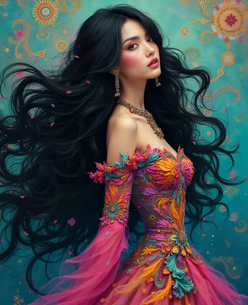 Prompt:  colorful and vibrant abstract beautiful woman, long black hair, exotic makeup, multicolored dress, intricate patterns, fluid forms, whimsical elements, ornate detailing, artistic elegance, bold hues of deep blues, radiant greens, bright pinks, enchanting ambience, dynamically layered composition, 4K ultra-detailed, masterpiece quality.