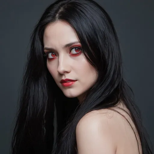 Prompt: A woman turned to her side, long black hair, red eyes.