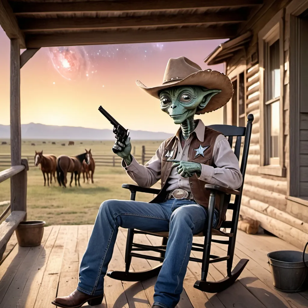 Prompt: Et alien sitting on a porch in the sunset wearing cowboy hat and a gun in hus hands sitting in a rocking chair with overview of his ranch with horses and cattle , he's smiling and pointing with his finger to the distant galaxy