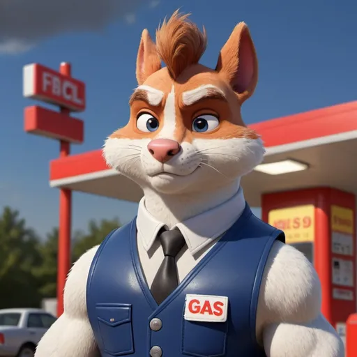 Prompt: Male animal cartoon character, wearing dark blue gas station vest, serious expression on his face, no glasses 
