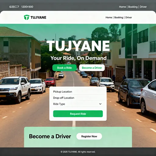 Prompt: A modern website homepage mockup for a ridesharing service called “TUJYANE.” 1200×900 layout. Header: white background, logo “TUJYANE” in green (#2ECC71) on left, navigation links “Home | Booking | Driver” on right. Hero section: real-life Kigali street scene with generic cars, buildings, clean road, subtle green overlay. Centered heading “TUJYANE” in large white letters, subheading “Your Ride, On Demand,” and two buttons: “Book a Ride” (green) and “Become a Driver” (white with green text). Below, a white booking form section with fields “Pickup Location,” “Drop-off Location,” and “Ride Type” dropdown, plus a green “Request Ride” button. Further down, a driver call‑to-action section with a light green background overlay, text “Become a Driver,” and a button “Register Now.” Footer: dark grey background (#222), centered white text “© 2025 TUJYANE. All rights reserved.” The style is clean, professional, modern, and friendly.
