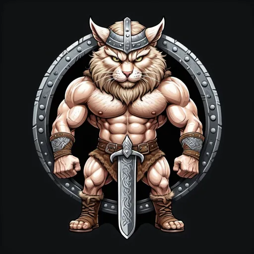 Prompt: Logo for a strong Viking race, muscular cat with detailed fur, fierce expression, tshirt design, high quality, detailed illustration, Norse mythology, powerful stance, muscular legs, Viking theme, professional design, fierce gaze, tshirt-ready, best quality, detailed artwork, fierce, muscular, Viking, detailed fur, Norse, powerful, intense lighting, wearing boots and carrying a warrior shield