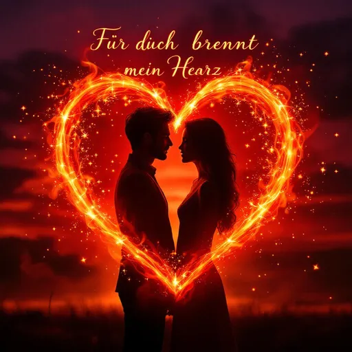 Prompt: Ein brennendes Herz, davor ein Liebespaar was sich umarmt und die Schrift, für dich brennt mein herz.