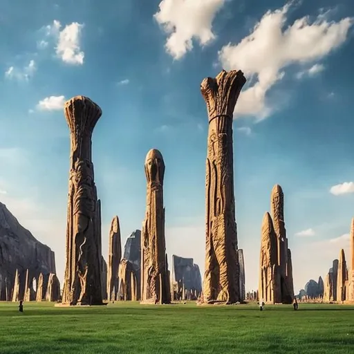 Prompt: An ancient alien city with technology that surpasses current human technology, cigar shaped UFOS are in the sky above.  Tall pillar-like statues of kings  surround what looks like a huge grassy field..  People walk through in the park looking up at the statues.


