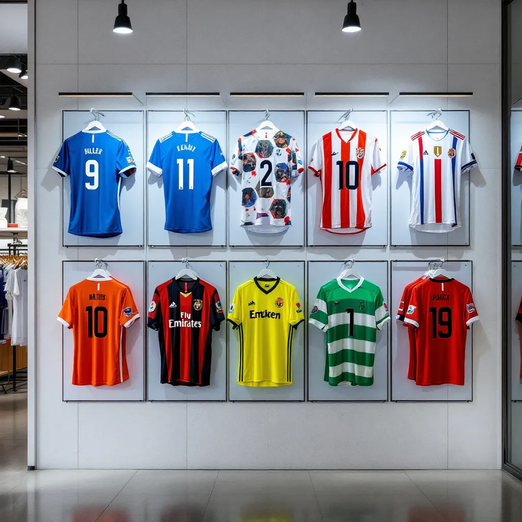 Prompt: create a wall display of soccer jerseys in a sports store