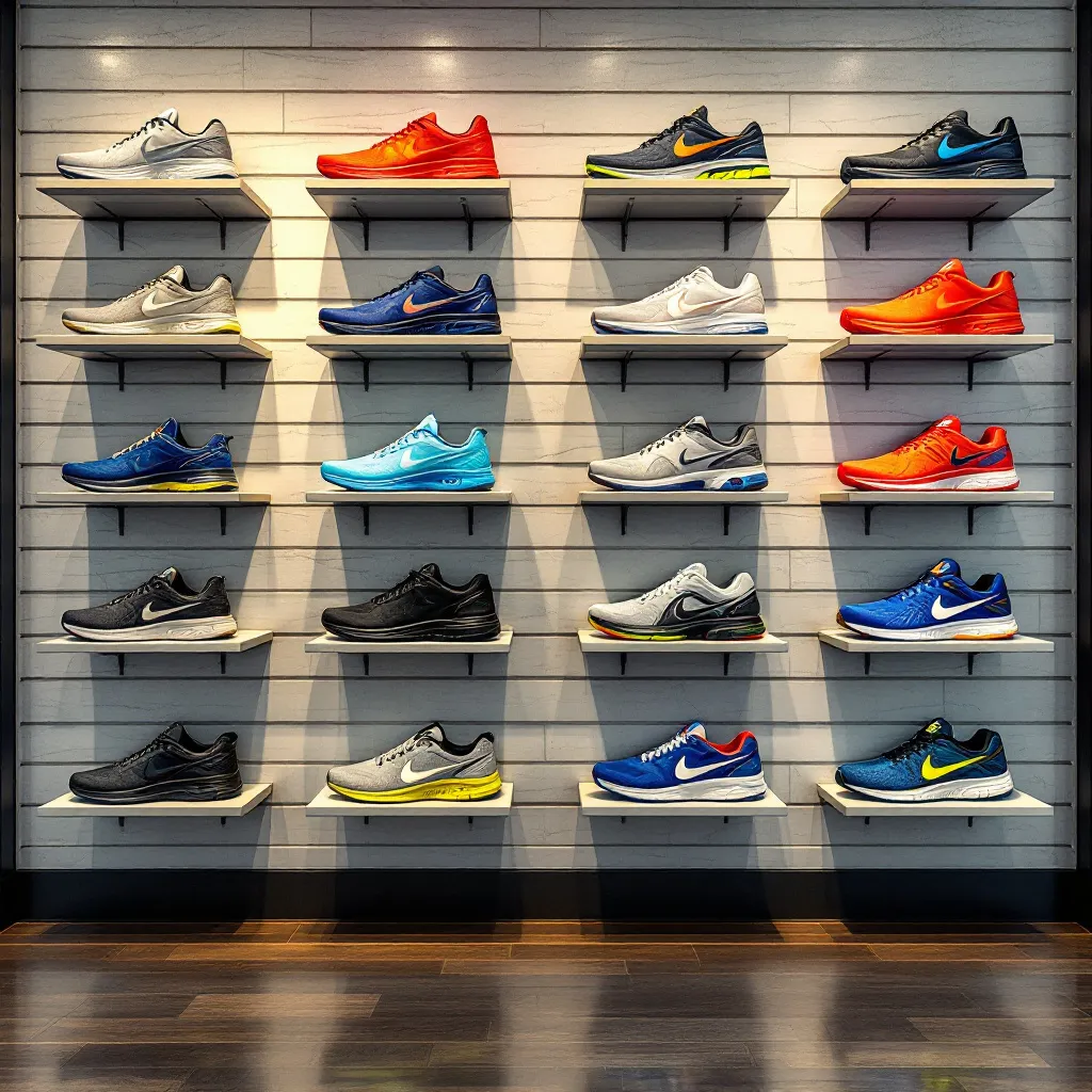 Prompt: create an image of runners on display along a wall in a shoe store
