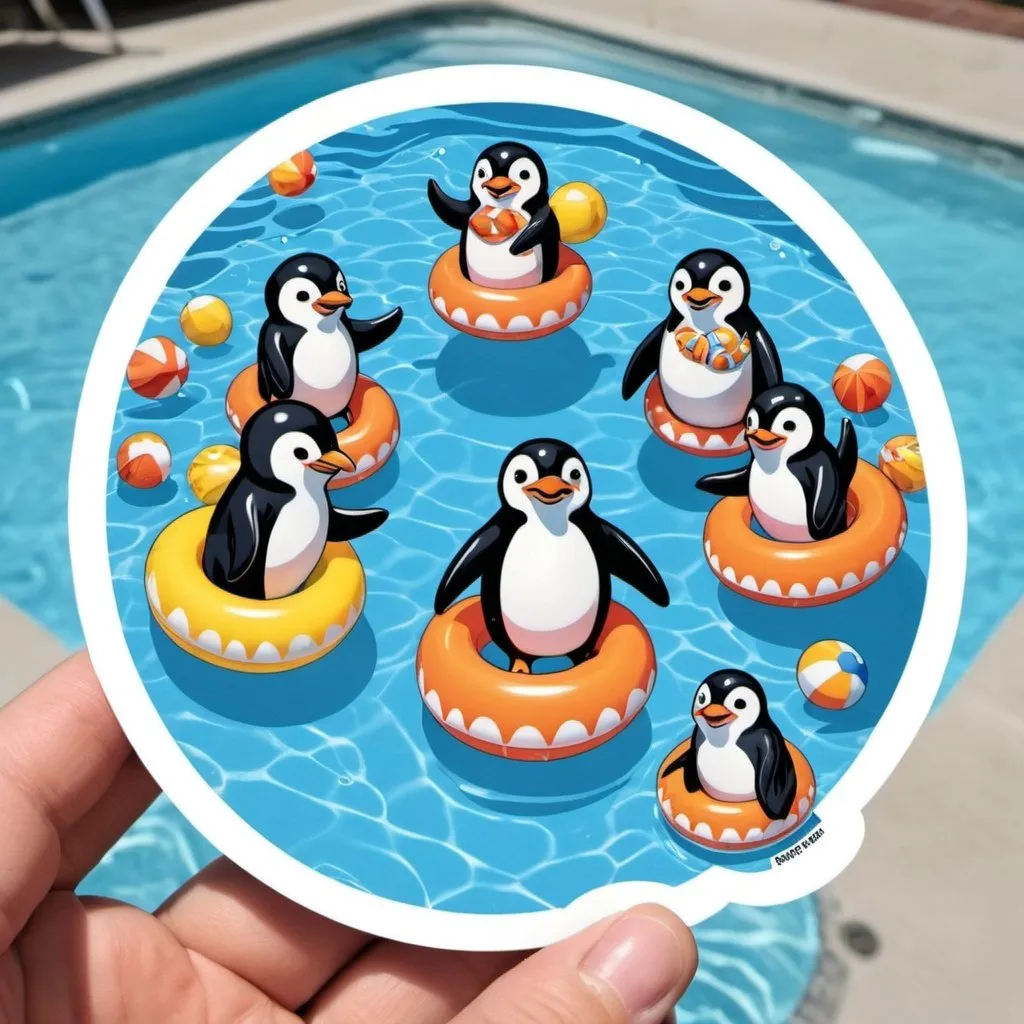 Prompt: Penguin Pool Party: A sticker depicting a group of penguins wearing inflatable floaties and diving into a pool. Some are belly flopping, some are doing cannonballs, and one is lounging on a pool float shaped like a giant fish.