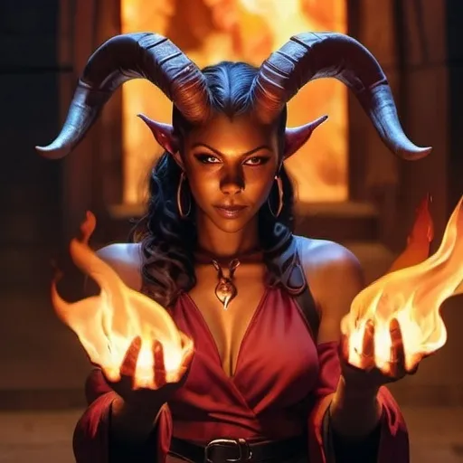 Prompt: hyper-realistic Tiefling character with fire hands, fantasy character art, illustration, dnd, warm tone