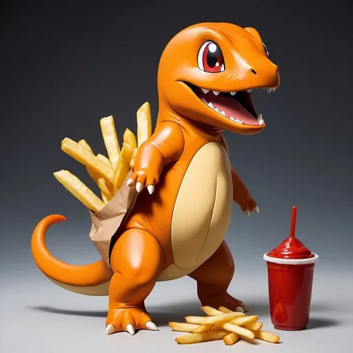 Prompt: A charmander pokemon with French fries for legs arms and tail with ketchup fire