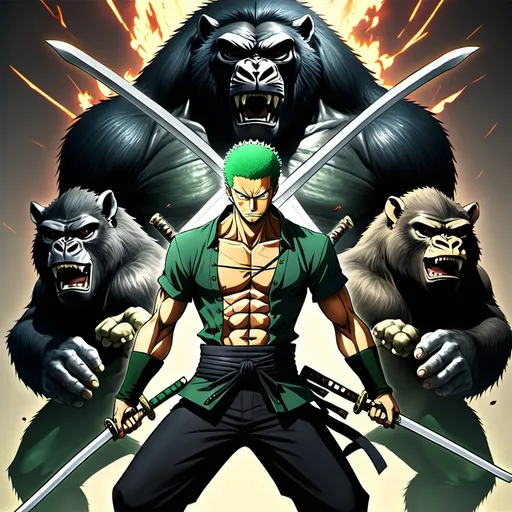 Prompt: Roronoa Zoro with 9 Swords, behind him there are evil entity,  a huge Sabre lion, and a huge gorilla