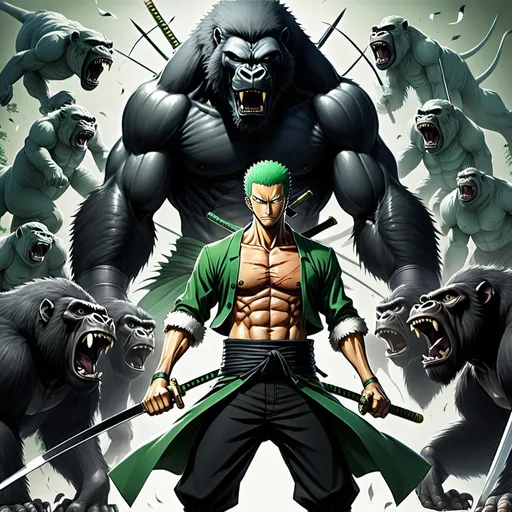 Prompt: Roronoa Zoro with 9 Swords, behind him there are evil entity,  a huge Sabre lion, and a huge gorilla