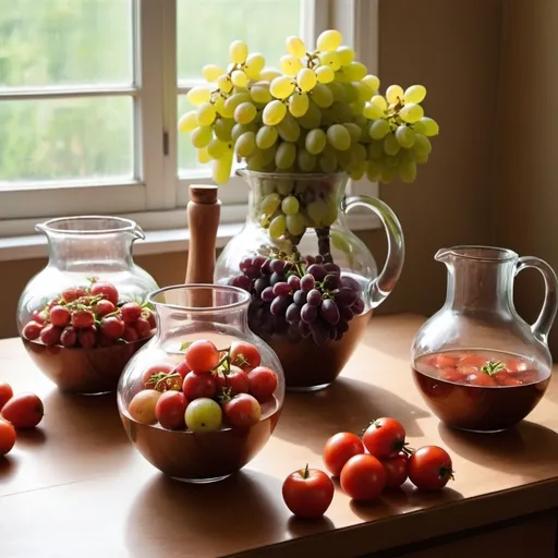 Prompt: 
Draw three brown wooden pitchers on a glass table, let the table be filled with grapes, strawberries, apples and tomatoes

