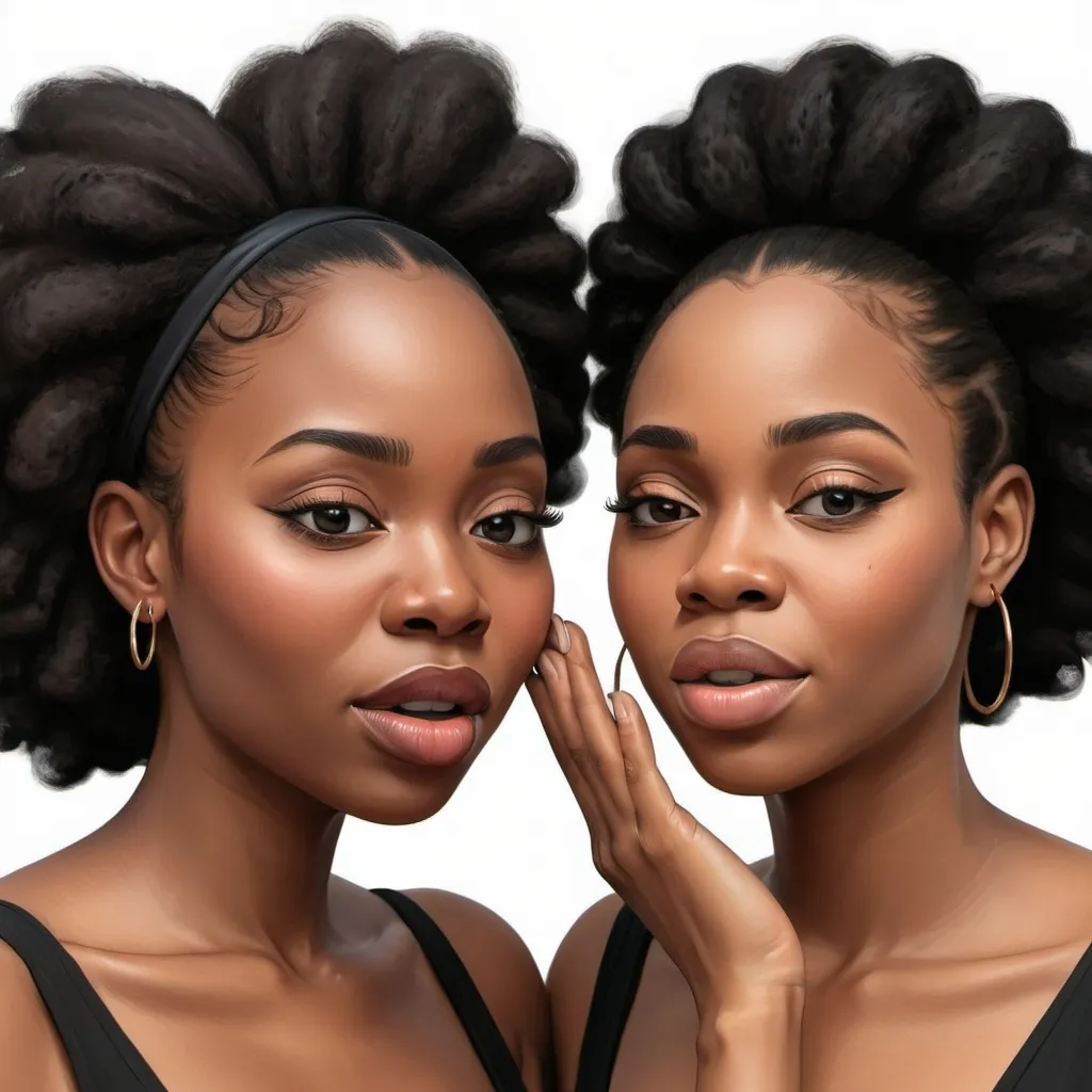 Prompt: 
Draw a 3d picture of 2 black women whispering into each others ears

