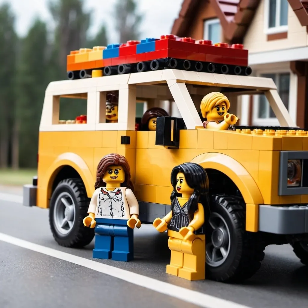 Prompt: Dos chicos montados en una camioneta suburban y en el fondo se ve una chica llorando En estilo lego