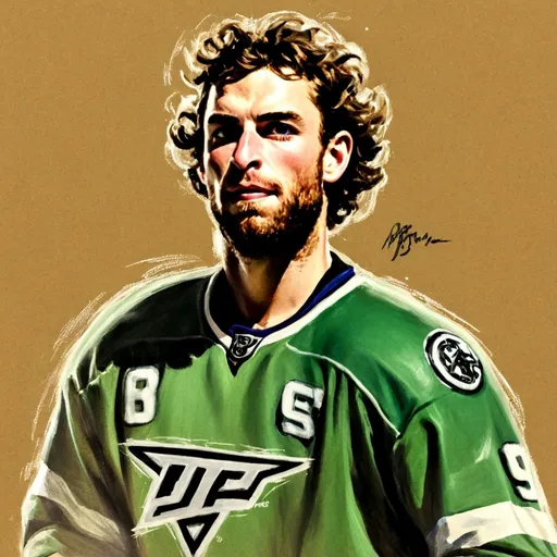 Prompt: Rough colourful pastel sketch drawing of a male hockey player on brown paper, brown curly hair, green eyes, vibrant and expressive, textured strokes, intense sports action, professional athlete, pastel drawing, sketch art, dynamic pose, high-energy, intense expression, detailed portrait, rough texture, cool color palette, professional lighting, gritty art style