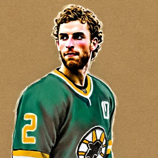 Prompt: Rough Colourful pastel sketch drawing of a male hockey player on brown paper. He has brown curly hair and green eyes 