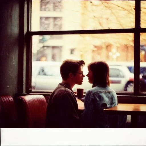 Prompt: Holga photography, couple in a coffee shop, low-fidelity dreamy aesthetic, flare, low quality, analog photography