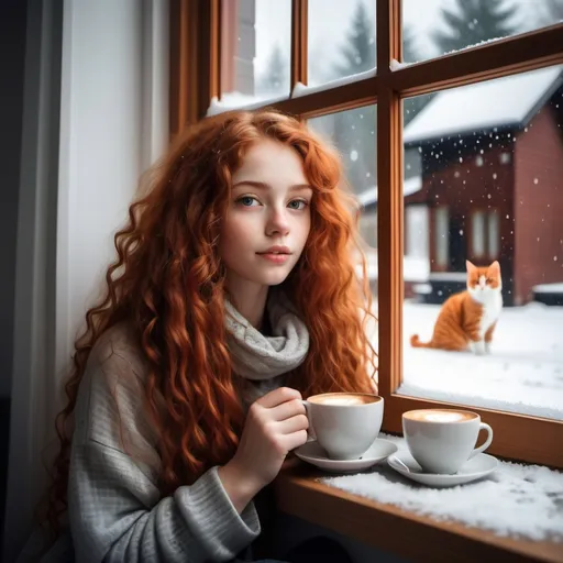 Prompt: Beautiful girl with long curly red hair who loves drinking coffee and cats sitting in front of the house window and snow falling outside