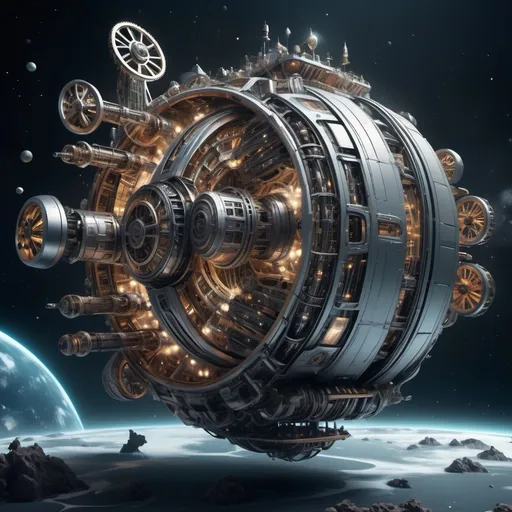 Prompt: world-sized futuristic machine with infinite detailed moving parts, steam, hydraulics, lights, gears; in space, floating