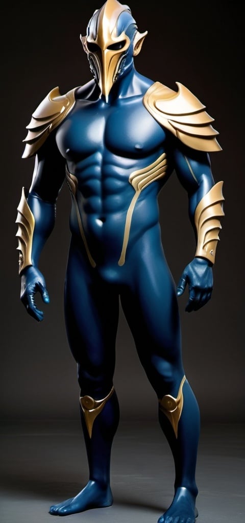 Prompt: Subject:  Triton, a Destro-inspired villain from M.A.N.T.A.

Appearance:

    Age: Mid-30s to 40s
    Build: Tall and lean, athletic build
    Mask: Intricately designed mask made from polished obsidian, covering the entire face.
        Black with gold accents, regal and menacing.
        Aquatic motif with engraved waves and sea creatures.
    Outfit: Sleek, high-tech wetsuit (dark blue with gold trim) with tactical gear and gadgets.
    Expression: Neutral, calm, composed (think suave villain with a hint of hidden ruthlessness).

Pose: Standing confidently, perhaps with arms crossed or holding his trident (described below).

Background: Suggest a technological or aquatic environment. Maybe a control room within M.A.N.T.A.'s submarine base (The Leviathan) with sleek consoles and monitors, or a shot of him underwater with bioluminescent creatures in the distance.

Additional Details:

    Include Triton's Trident: A high-tech trident that looks both elegant and dangerous.
    Ensure the wetsuit has a subtle sheen and practical details like pouches and straps.

Overall Tone: Sophisticated villain with a touch of mystery, a leader with a technological edge and a connection to the ocean.