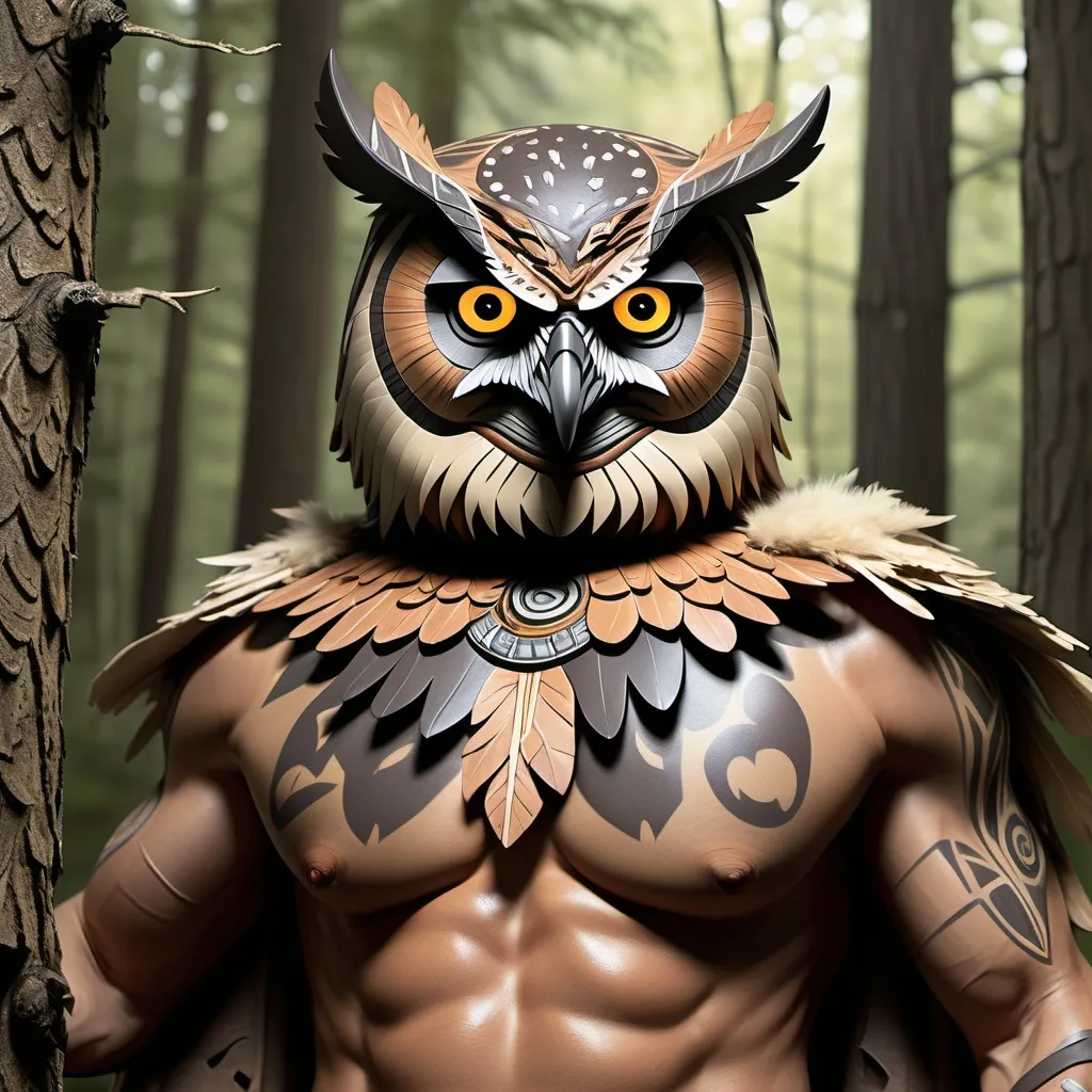 Prompt: native american owl-man, half owl half man, owlman, transforming, stikini, dynamic composition, detailed, movie poster, were-owl, in the woods, hyper-realistic, in the style of Mike Ploog, in the style of Bernie Wrightson