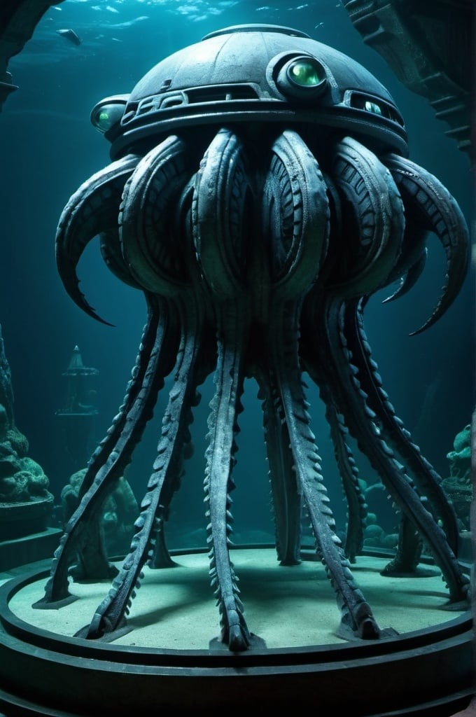 Prompt: The Krakenstein monster, underwater mobile gothic base, Thunderbirds Are Go (2015) style, detailed monster design, menacing tentacles, eerie underwater lighting, industrial gothic architecture, high quality, detailed, underwater, gothic, menacing, eerie lighting, Thunderbirds Are Go (2015) style, detailed monster design, industrial gothic architecture