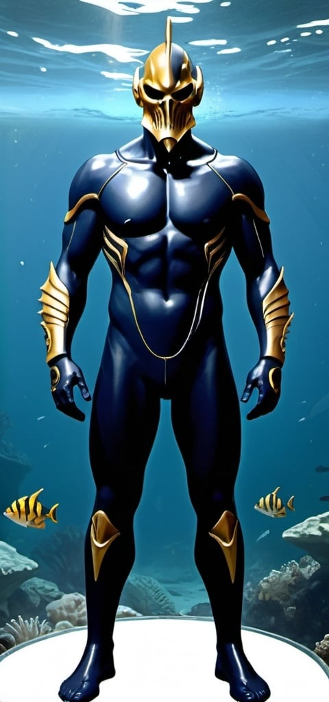 Prompt: Subject:  Triton, a Destro-inspired villain from M.A.N.T.A.

Appearance:

    Age: Mid-30s to 40s
    Build: Tall and lean, athletic build
    Mask: Intricately designed mask made from polished obsidian, covering the entire face.
        Black with gold accents, regal and menacing.
        Aquatic motif with engraved waves and sea creatures.
    Outfit: Sleek, high-tech wetsuit (dark blue with gold trim) with tactical gear and gadgets.
    Expression: Neutral, calm, composed (think suave villain with a hint of hidden ruthlessness).

Pose: Standing confidently, perhaps with arms crossed or holding his trident (described below).

Background: Suggest a technological or aquatic environment. Maybe a control room within M.A.N.T.A.'s submarine base (The Leviathan) with sleek consoles and monitors, or a shot of him underwater with bioluminescent creatures in the distance.

Additional Details:

    Include Triton's Trident: A high-tech trident that looks both elegant and dangerous.
    Ensure the wetsuit has a subtle sheen and practical details like pouches and straps.

Overall Tone: Sophisticated villain with a touch of mystery, a leader with a technological edge and a connection to the ocean.