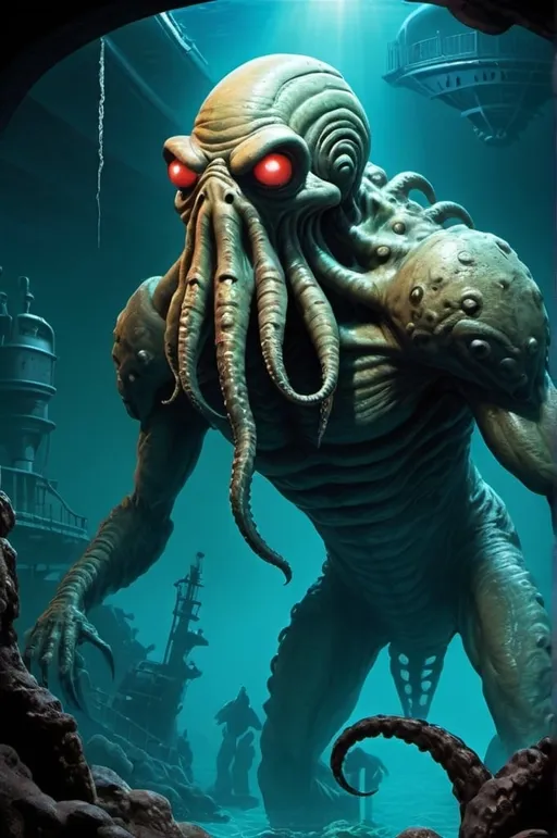 Prompt: Subject: The Krakenstein monster, a powerful anthropomorphic supervillain combining the Frankenstein monster with the Kraken. In the style of Tobe Hooper and Bernie Wrightson and Frank Frazetta.

Background: Gothic mobile undersea base in the style of Thunderbirds are Go (2015).