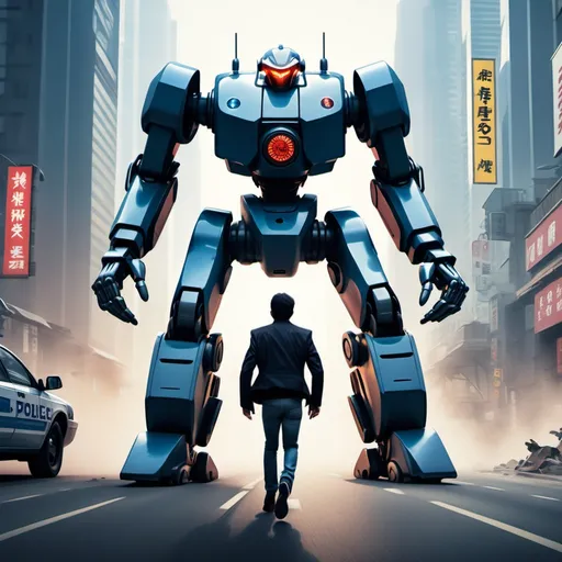 Prompt: In the future, a man runs away from an evil police robot mecha, movie poster