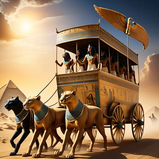 Prompt: Th ancient Egyptian caravan of Sekhmet proceeds across the sky with Ra in tow