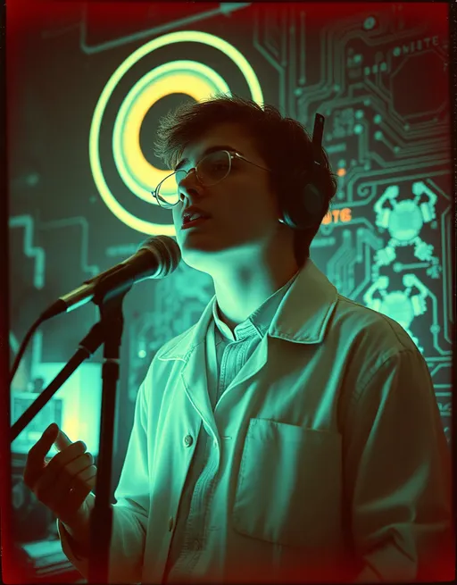 Prompt: Holga photography, A young scientist sings about being on the verge of creation with visions of circuitry surrounding him, low-fidelity moody aesthetic, dramatic lighting, analog photography, Rossum's Universal Robots, Science Fiction Rock Opera album cover