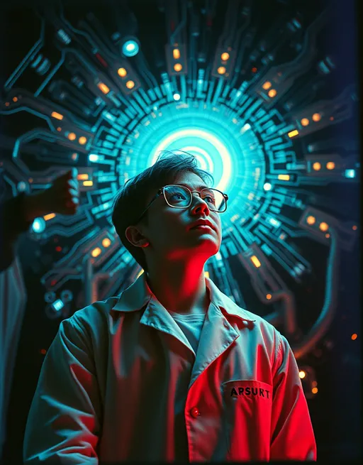 Prompt: Holga photography, A young scientist imagines being on the verge of creation with visions of circuitry surrounding him, low-fidelity moody aesthetic, dramatic lighting, analog photography, Rossum's Universal Robots, Science Fiction Rock Opera album cover