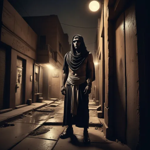 Prompt: photorealistic, (Hyper-realistic photography), eerie and brooding ambiance, the dark Egyptian antihero, 1930s urban habitat at night, low-fidelity moody aesthetic, dramatic contrasting lighting, analog photography style, capturing the essence of a Hard Rock album cover, striking details, gritty setting, high quality, ultra-detailed.