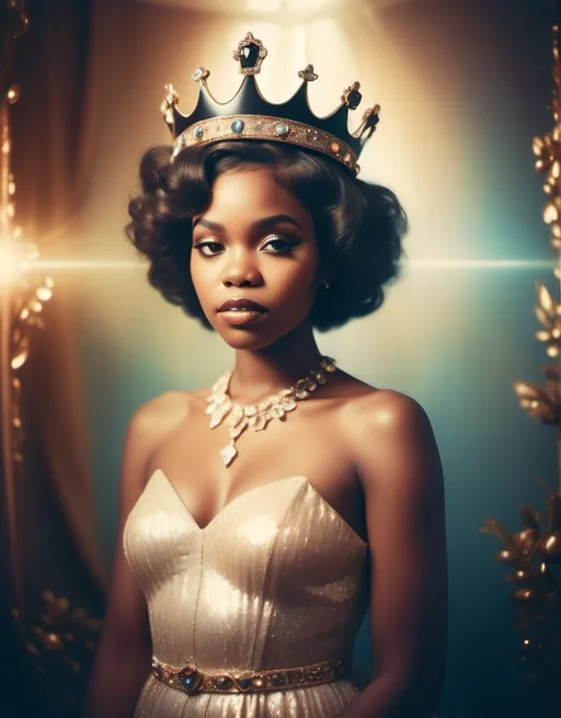 Prompt: photorealistic, (Holga photography), full-body portrait, (glamorous black woman wearing a crown), (bejeweled crown), low-fidelity dreamy aesthetic, soft lens flare, (analog photography), nostalgic color tones, grainy texture, ethereal lighting, whimsical ambiance, enchanting background, timeless elegance, captured moments, vintage style, dreamy atmosphere, artistic composition, HD.