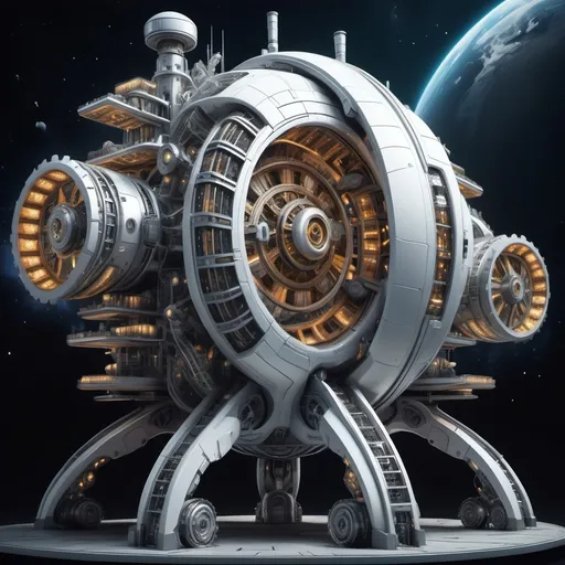 Prompt: world-sized futuristic machine with infinite detailed moving parts, steam, hydraulics, lights, gears; in space