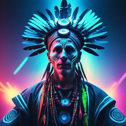 Prompt: a futuristic rave is a shaman's mystical ceremony, dynamic composition, movie poster