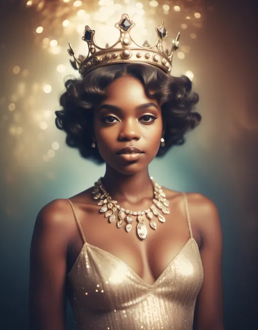 Prompt: photorealistic, (Holga photography), full-body portrait, (glamorous black woman wearing a crown), (bejeweled crown), low-fidelity dreamy aesthetic, soft lens flare, (analog photography), nostalgic color tones, grainy texture, ethereal lighting, whimsical ambiance, enchanting background, timeless elegance, captured moments, vintage style, dreamy atmosphere, artistic composition, HD.