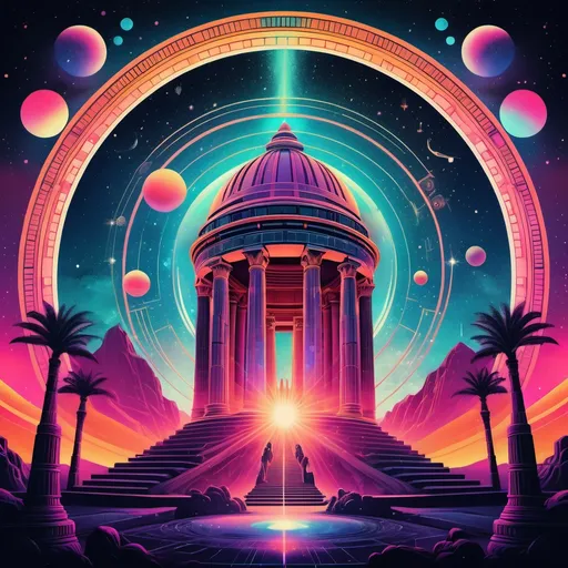 Prompt: Retro movie poster, (futuristic mystical pantheon), vibrant colors, bold graphics, intricate designs, cinematic vibe, characters embodying deities, stunning backdrop featuring cosmic elements, dreamy twilight sky, vintage film grain effect, (highly detailed), nostalgic feel, artistic blend of old and new scenery, celestial energy radiating, lush mystical landscapes.