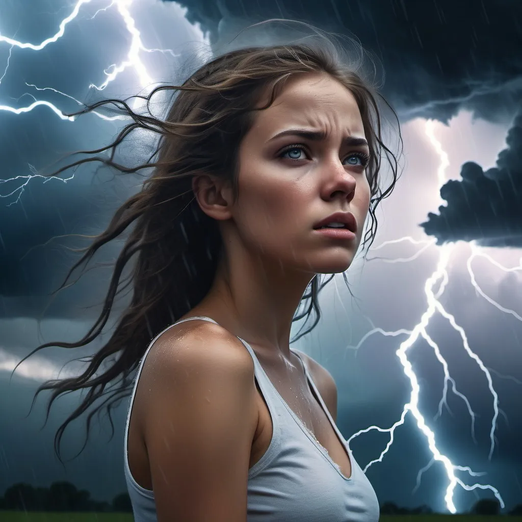 Prompt: (raging thunderstorm), (translucent overlay), beautiful young woman, deep emotional expression, intense lightning flashes, dark stormy clouds, misty atmosphere, dynamic lighting effects, dramatic contrast, intricate details, high quality, ultra-detailed, evocative ambiance, captivating visual narrative, colors from deep blues to striking whites.