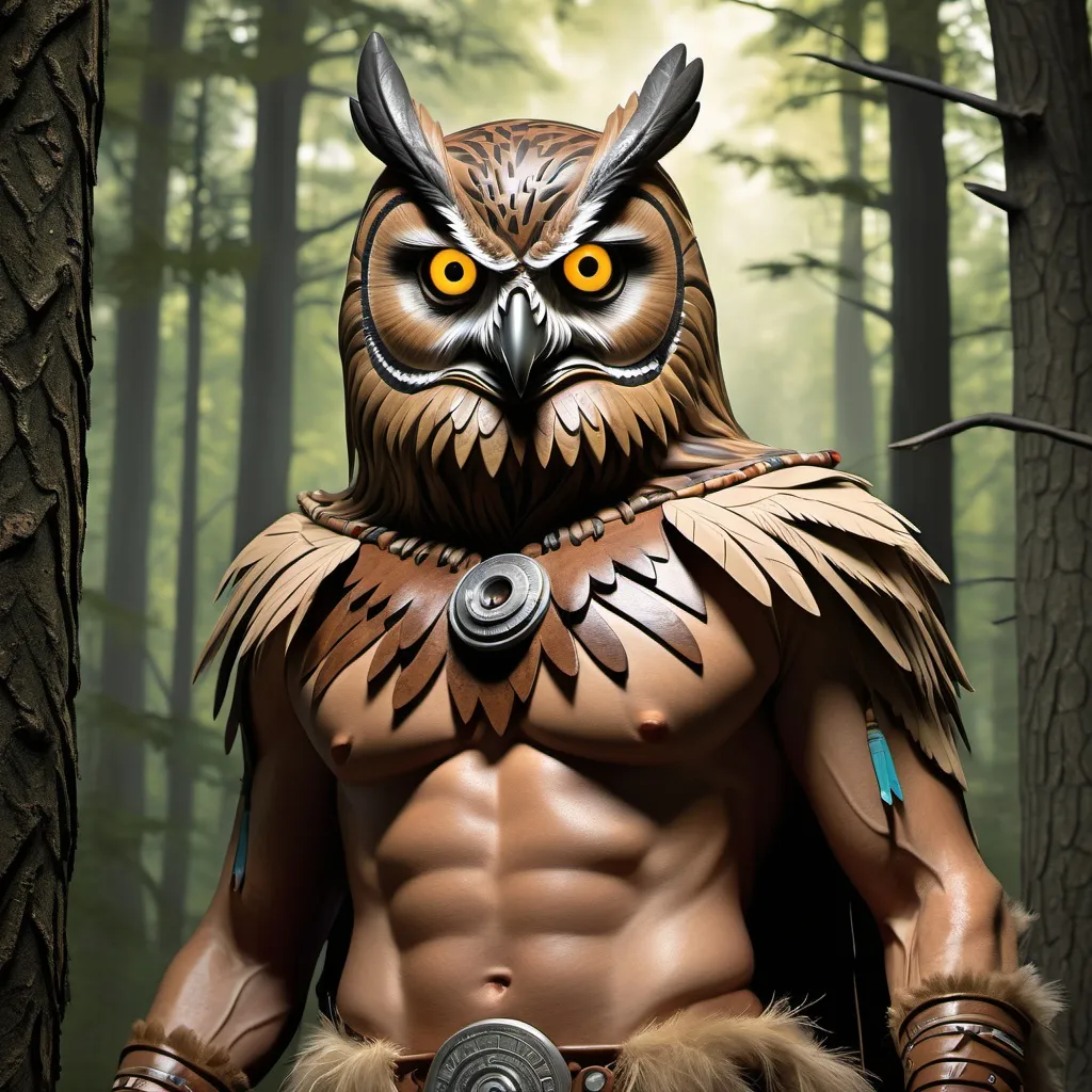 Prompt: native american owl-man, half owl half man, owlman, transforming, stikini, dynamic composition, detailed, movie poster, were-owl, in the woods, hyper-realistic, in the style of Mike Ploog, in the style of Bernie Wrightson