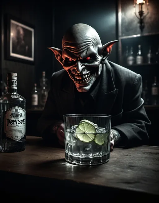 Prompt: (photorealistic) Perverse photography, (Heavy Metal album cover), the Imp of the Perverse with an evil grin, glass of gin, extremely dark corner, low-fidelity moody aesthetic, dramatic low lighting casting shadows, raw textures, ambient-heavy atmosphere, bleak and haunting vibe, ultra-detailed, immersive quality.