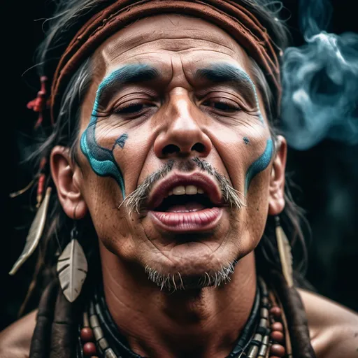 Prompt: HD photography, close up of a grungy-looking shaman's lips as he throat sings, low-fidelity moody aesthetic, dramatic lighting, analog photography, nature album cover