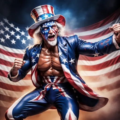 Prompt: hyperrealistic, (Uncle Sam), powerful wrestler pose, dynamic realistic movement, vivid American flag facepaint, muscular physique, detailed expressions, intense focus, vibrant colors, dramatic lighting, energetic atmosphere, stage backdrop with cheering audience, ultra-detailed, cinematic tones, capturing the spirit of a patriotic and electrifying wrestling event, close-up.